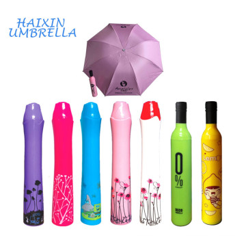 Moda Anti UV Oem Factory Precio Barato Promocional 53 CM * 8 K 3 Doble Manual de Botella de Agua de Vino Forma de Umbrella Estuche Portátil